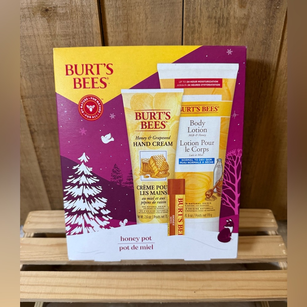 Burt’s Bees Honey Pot 3 Pc Pamper Gift Set Body Lotion Hand Cream Lip Balm New